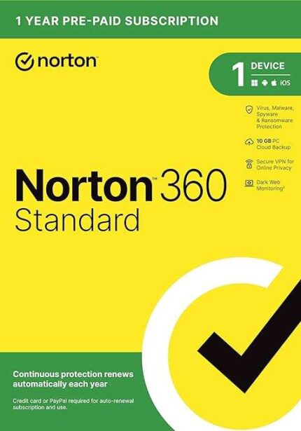 Norton 360 Standard Antivirus software for 1 Device with Auto Renewal – Includes VPN, PC Cloud Backup & Dark Web Monitoring